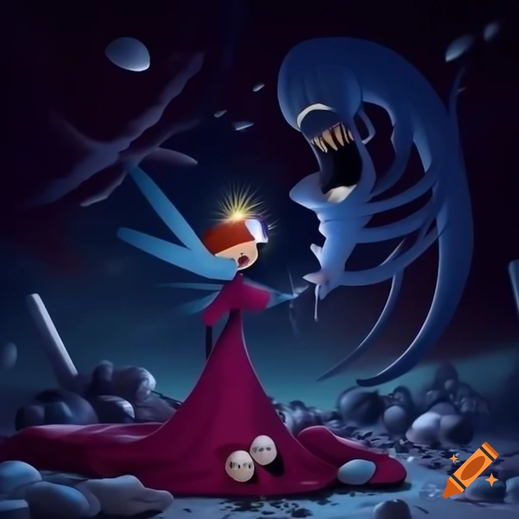 Surreal scene with alien goddess vampire angel amidst battle wreckage