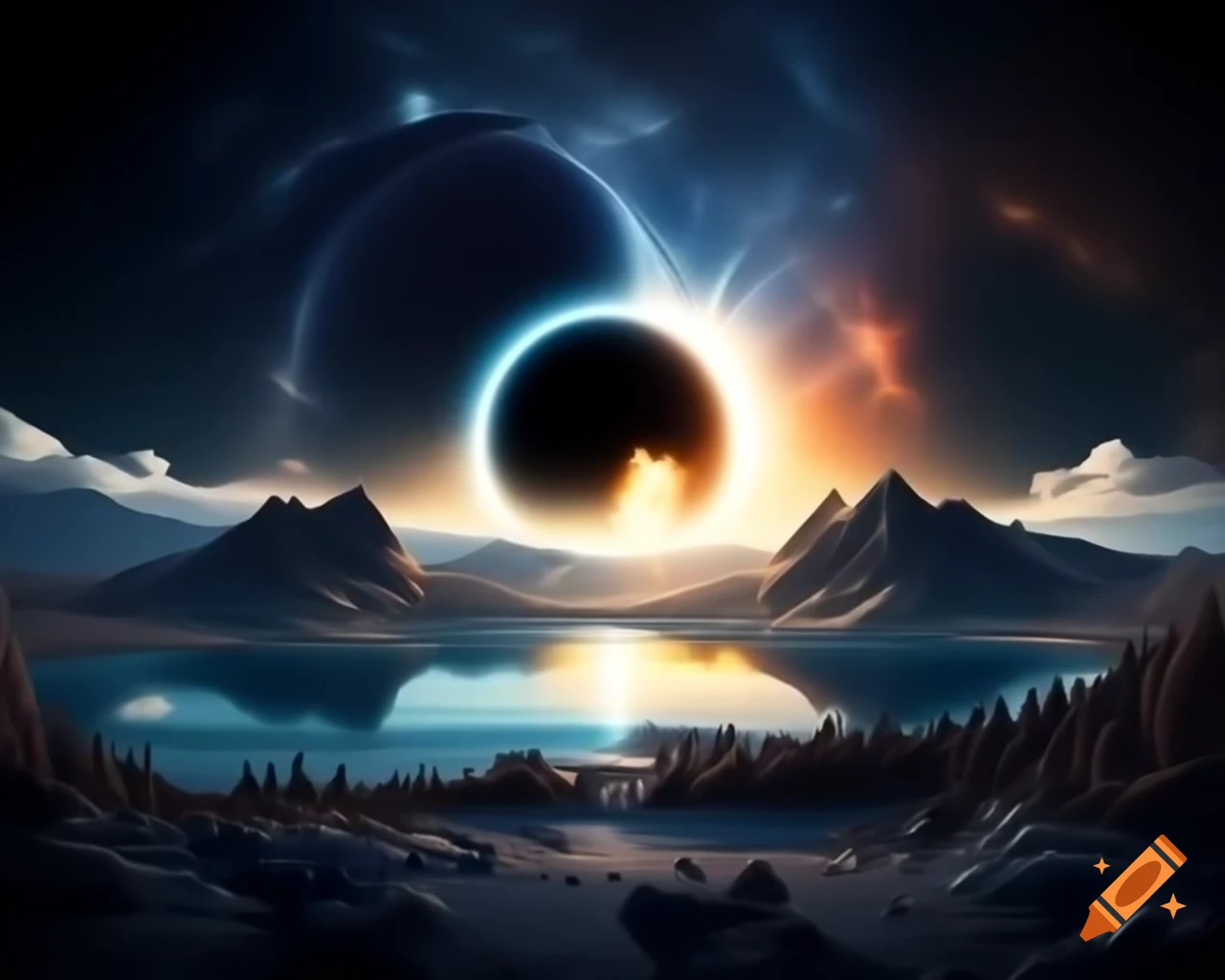 3D representation of mountain lake at sunset with sun rays and island