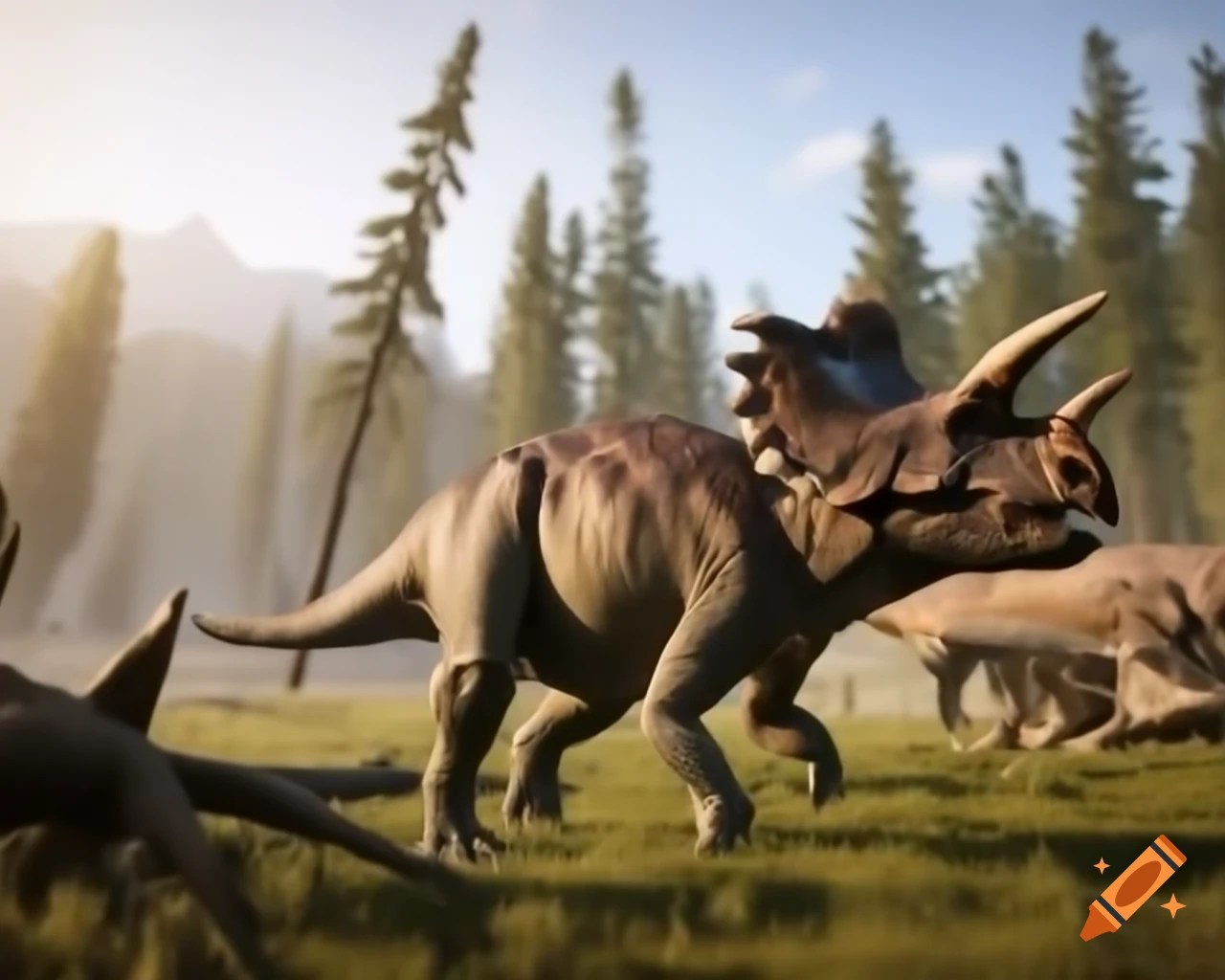Herd of protoceratops crossing sunny scrubland in British Columbia