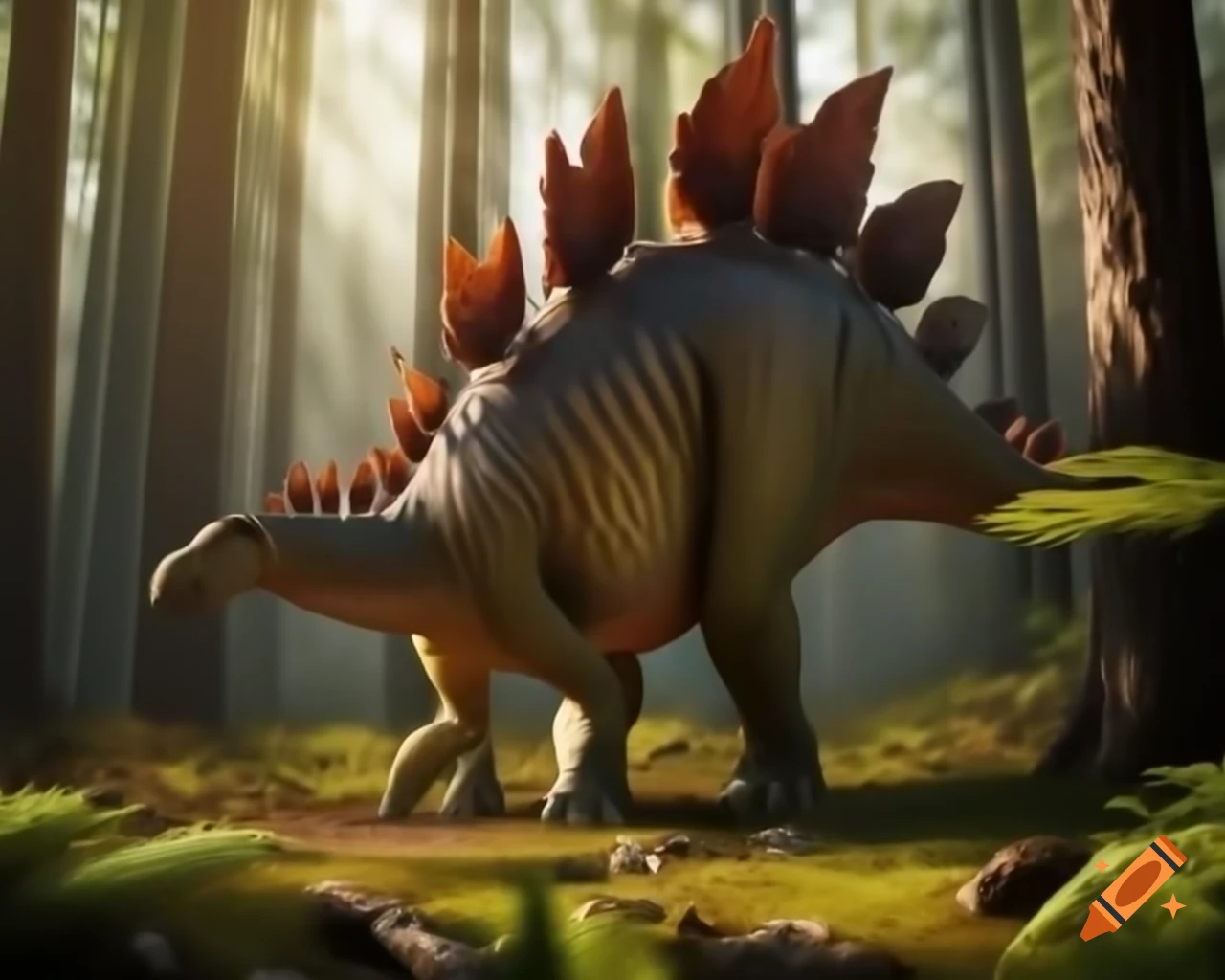 Cinnamon-striped Stegosaurus in sunny clearing of cedar forest