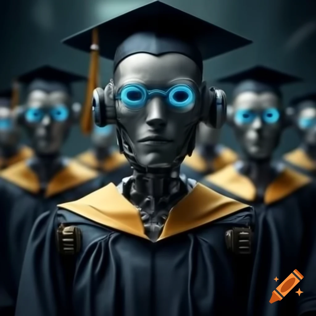 Robots in graduation caps and gowns celebrating