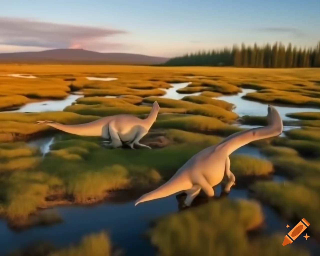 Herd of Hadrosaurus in sunny marshland with driftwood in British Columbia