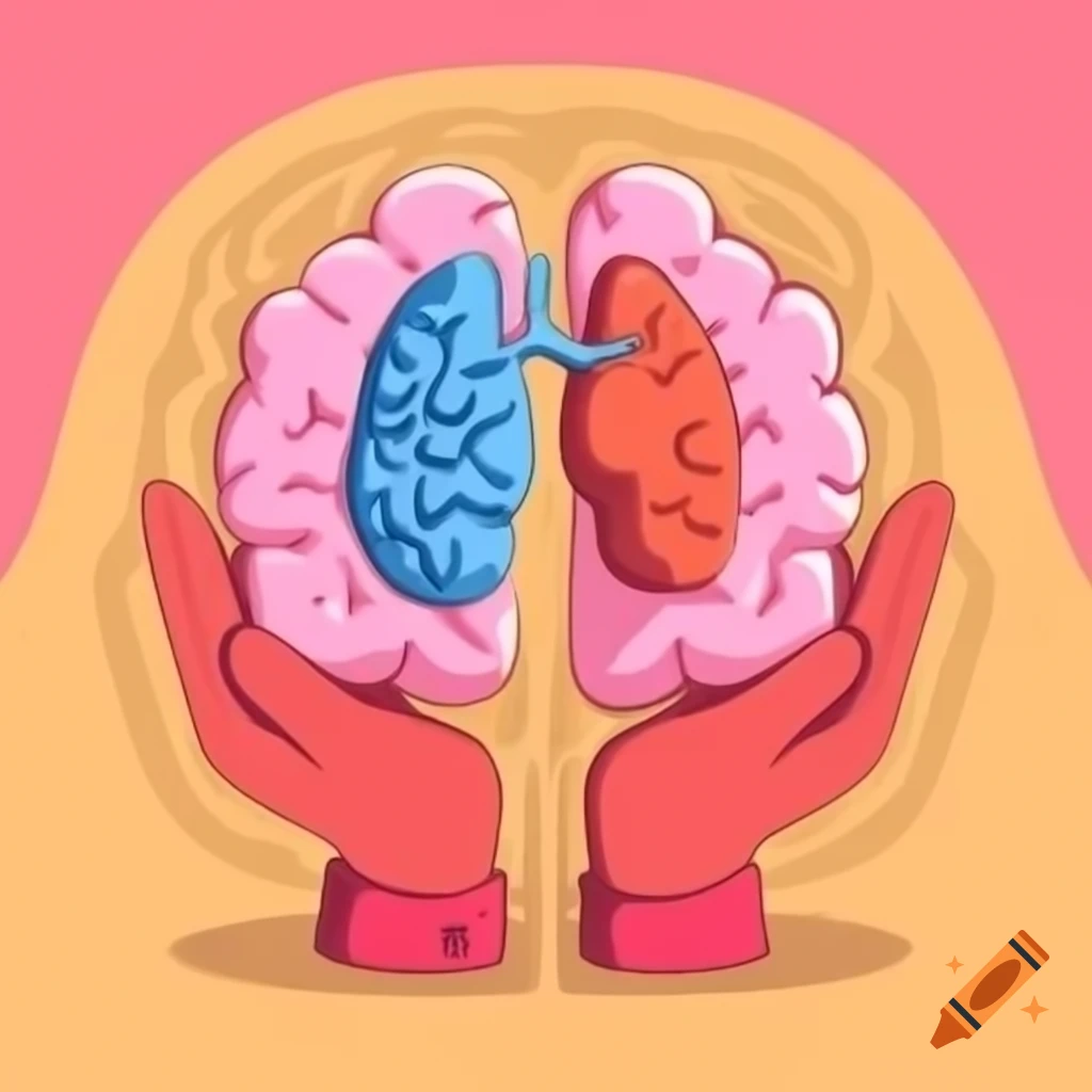 Whimsical illustration of split brain in blue and pink halves engaged