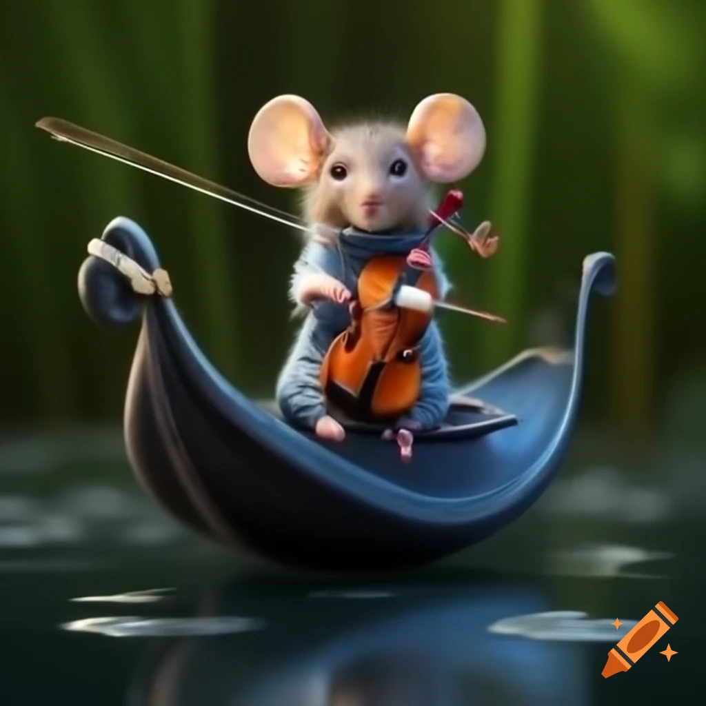Charming mouse in clothes playing violin on dark blue gondola