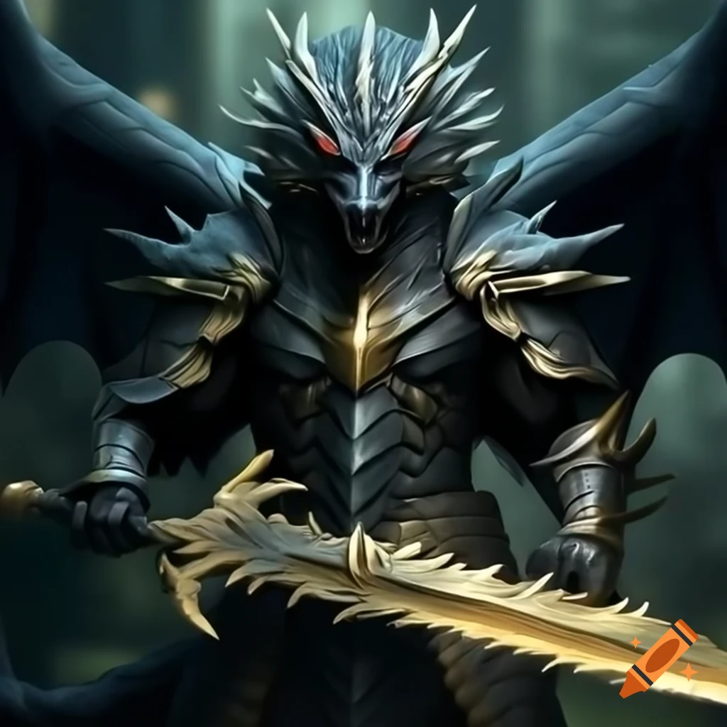 Black dragon in armor wielding large golden blade