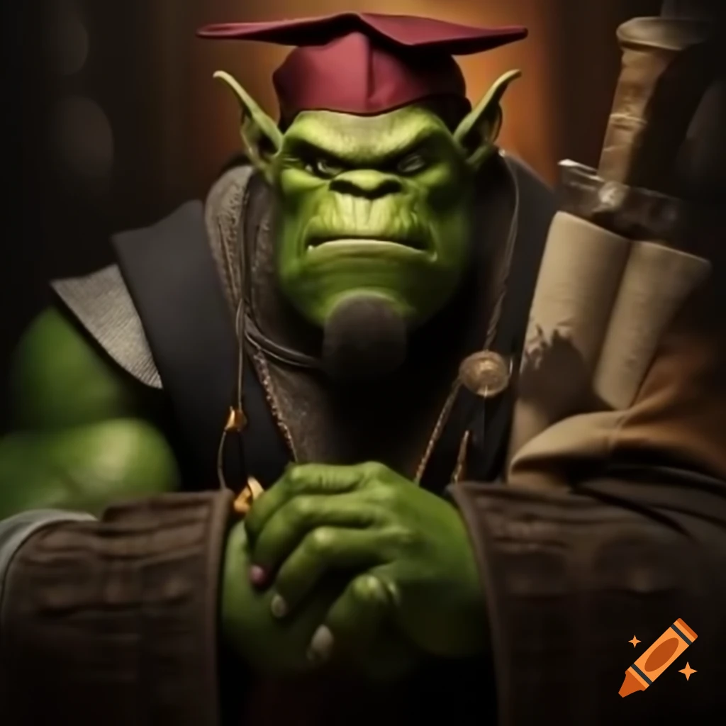 Smirking green orc professor in university mantle and cap holding scrolls