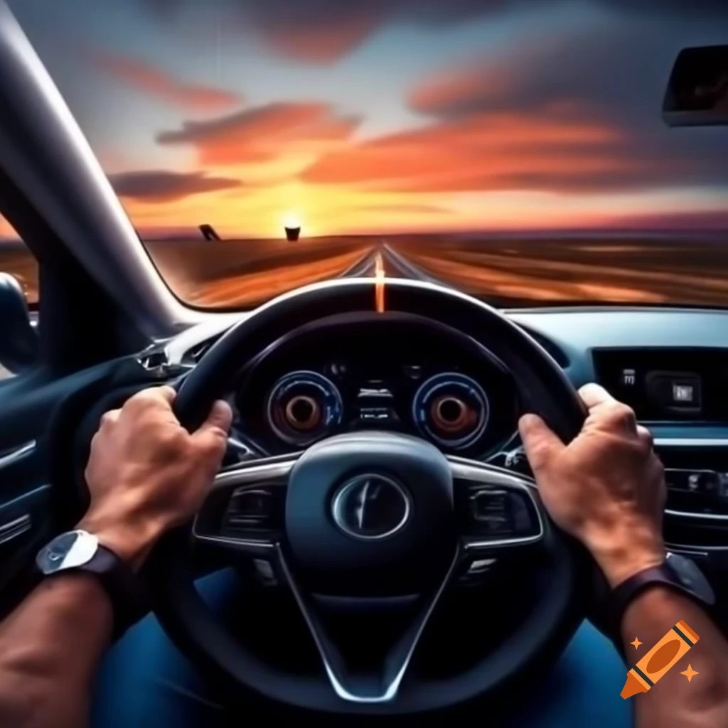 Close-up of strong hand gripping modern steering wheel on clear highway