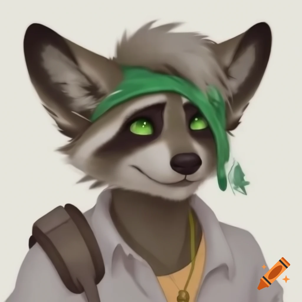 Humanoid furry raccoon character with green eyes and accessories in sketch art