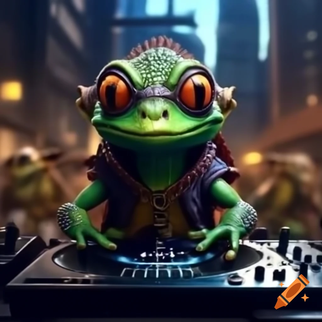 Black colored lizard goblin DJ performing at urban rooftop party
