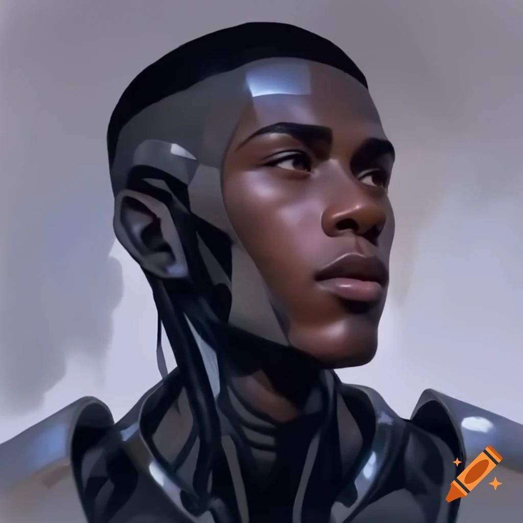 Young male cyborg headshot with metallic dark skin and pensive expression