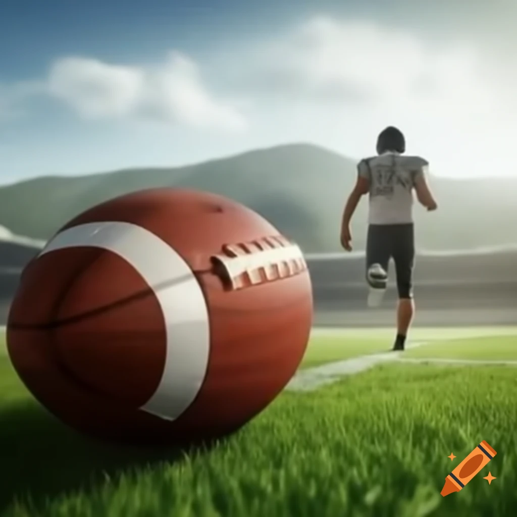 Football in foreground with hills and giant green T in the middle