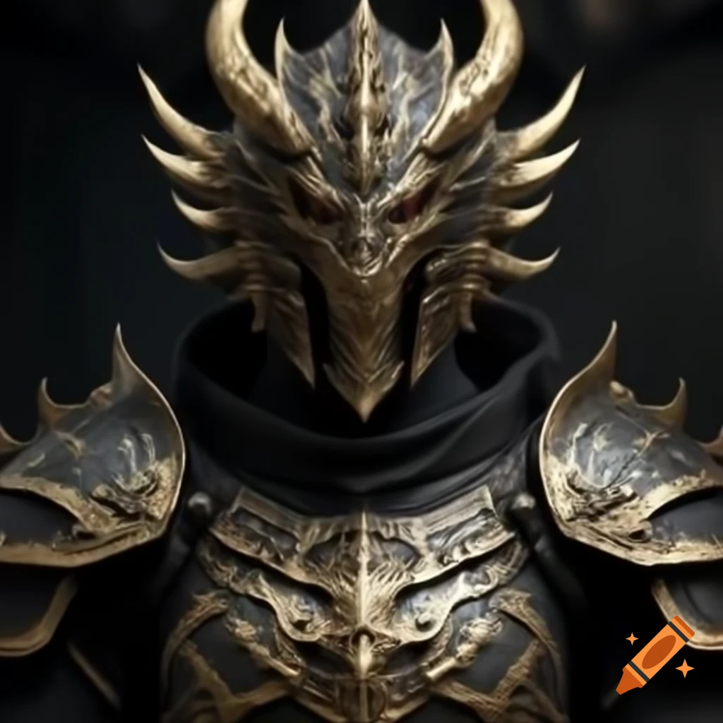 Intricate black and gold armor for Vlad The Impaler with dragon motif, H.R. Giger design