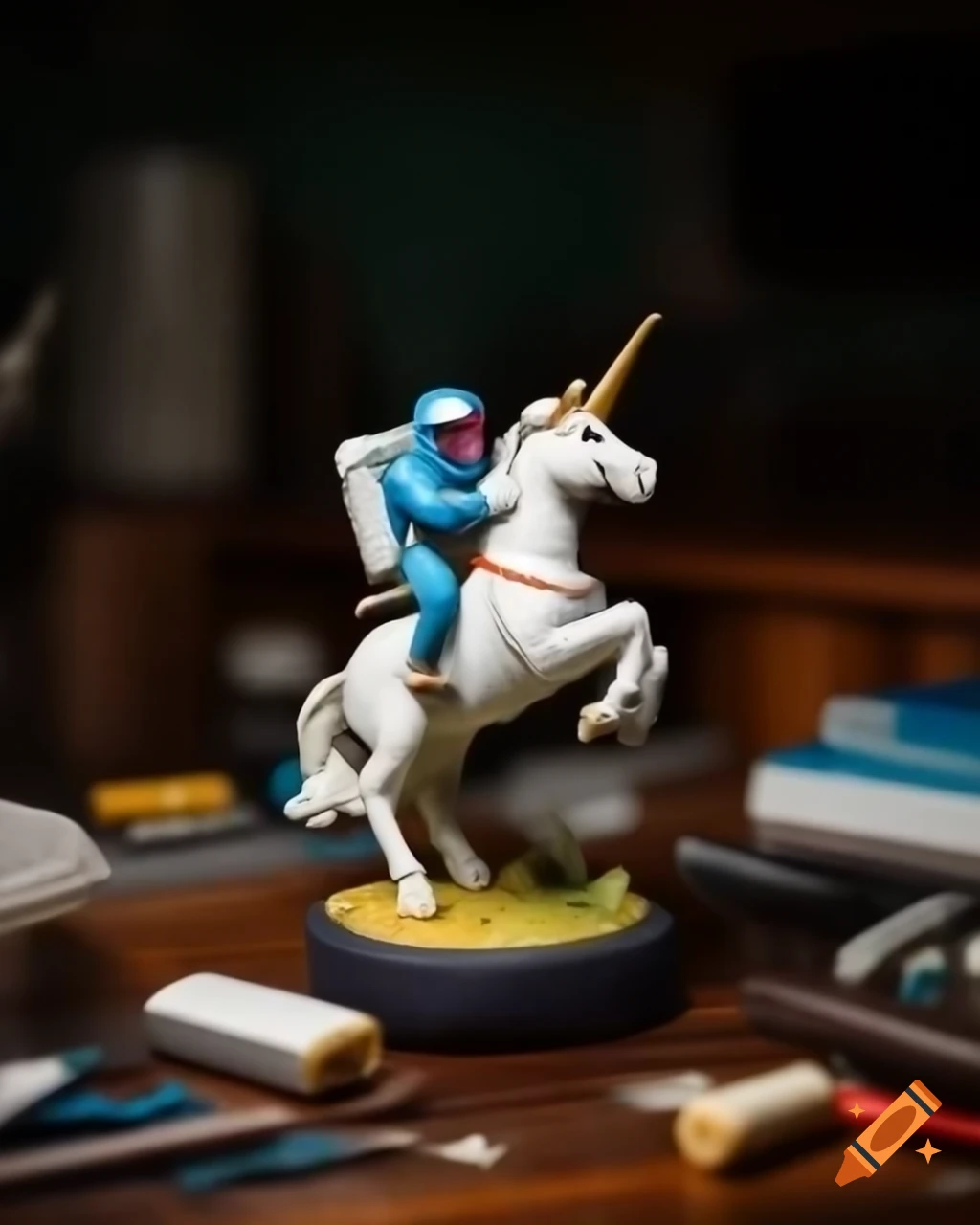 Amiibo figure of astronaut riding unicorn on broken box with background clutter