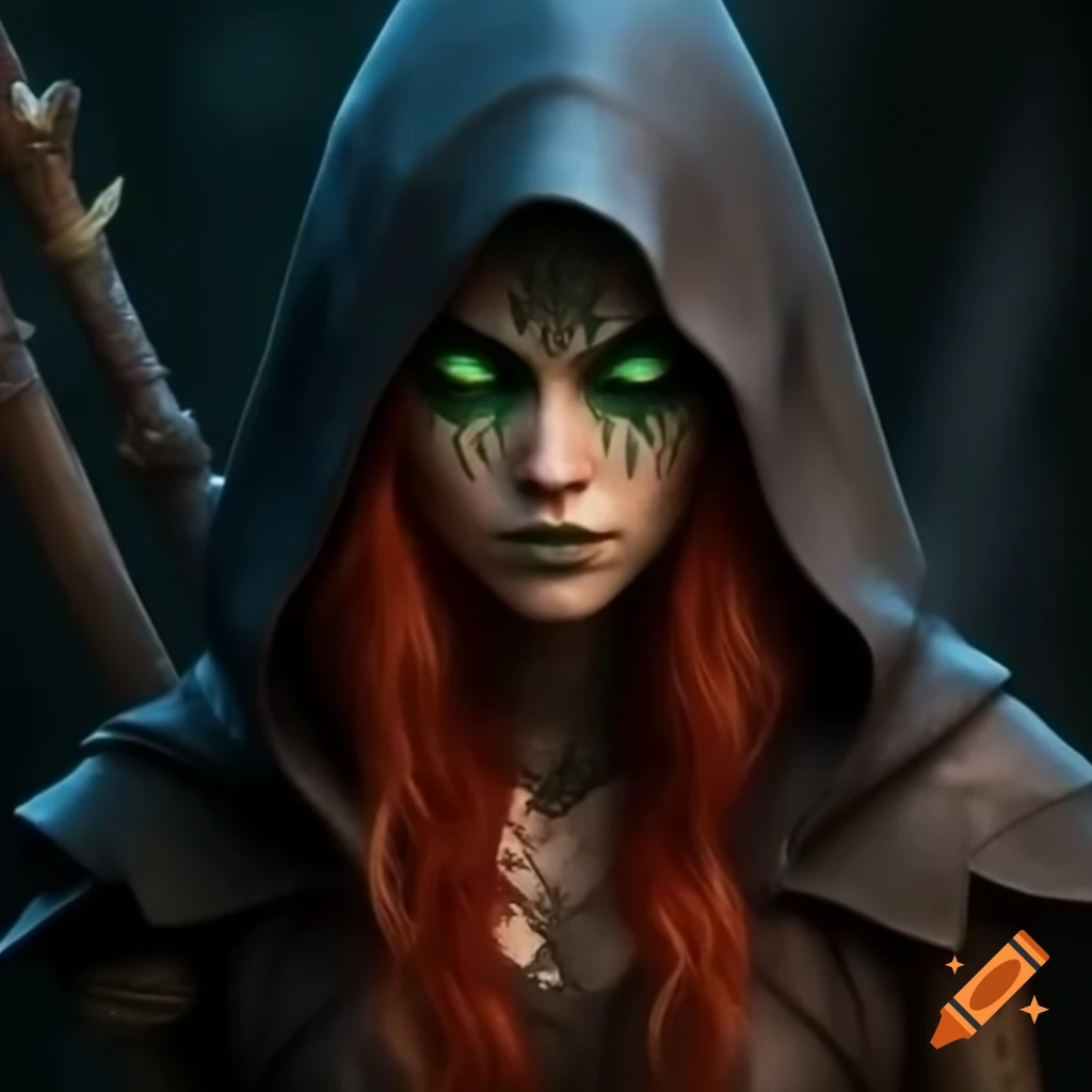 Wood elf witch in hooded coat with dual blades and tattoos on craiyon