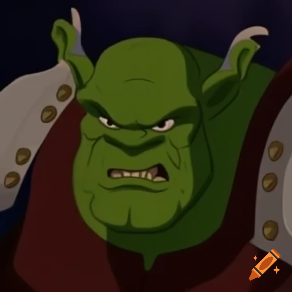 Smirking green orc character in university mantle and cap holding scrolls