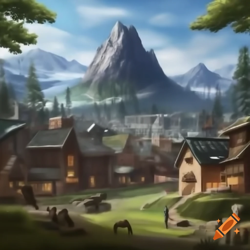 Cityscape featuring mountains and deer