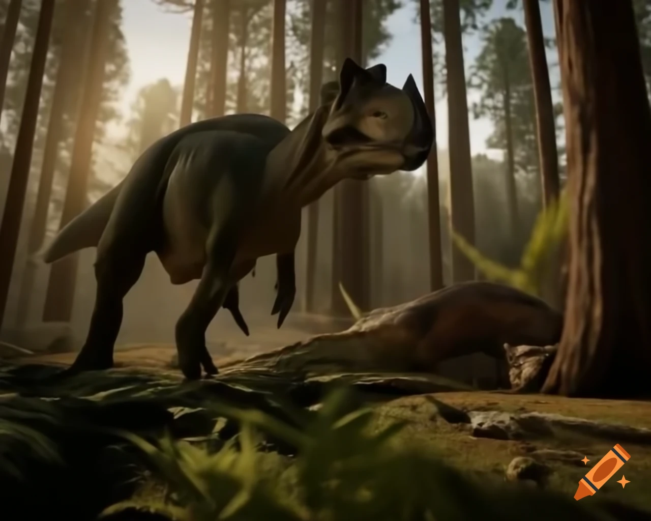Allosaurus and Stegosaurus in cedar forest clearing with warm morning light