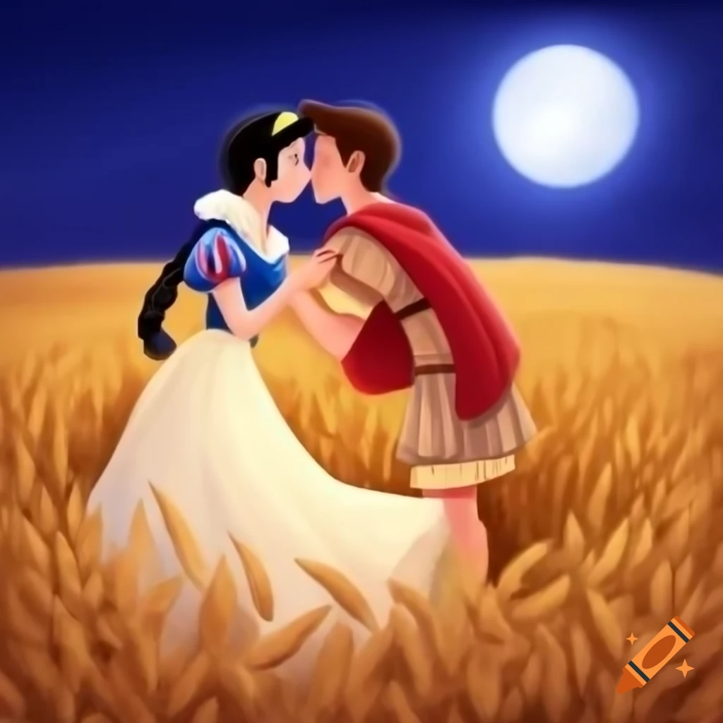 Roman soldier kissing Disney princess in wheat field under full moon, anime style