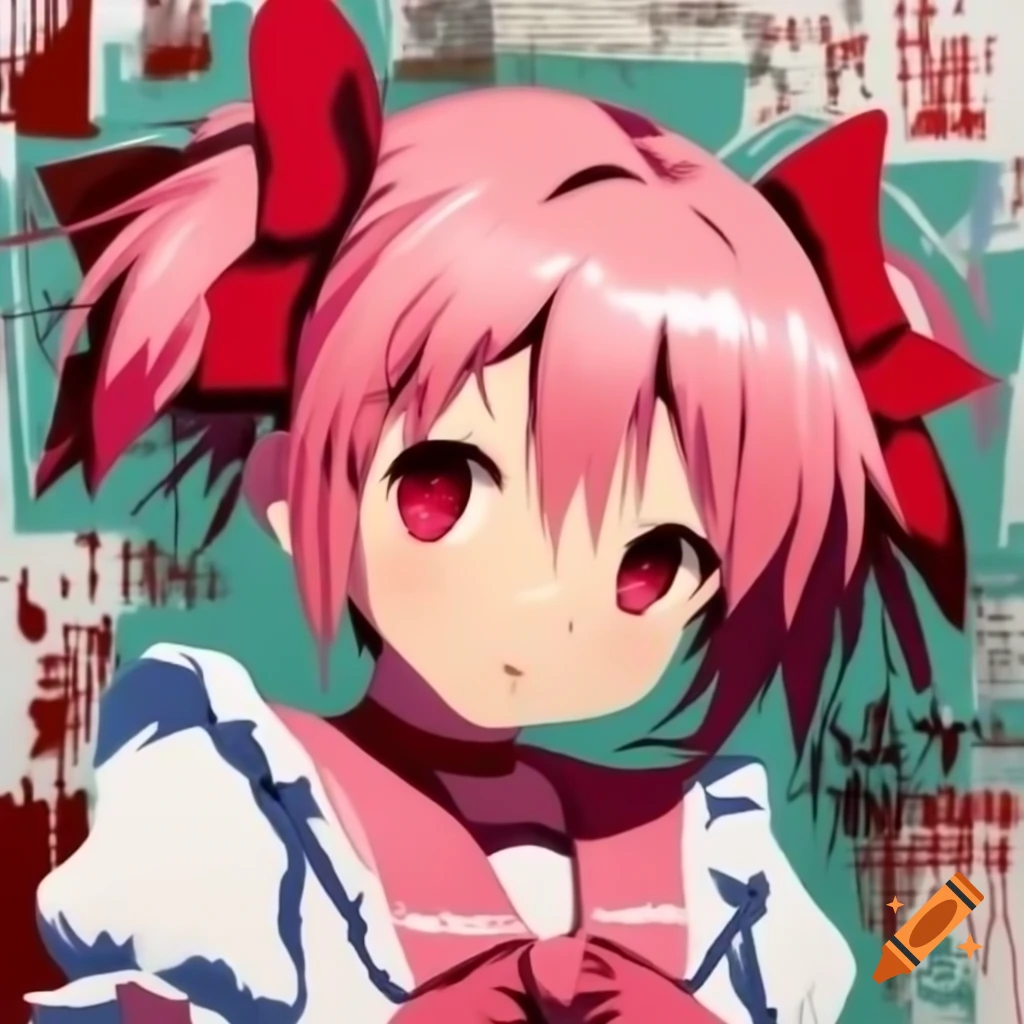 Jean Michel Basquiat-inspired artwork of Madoka Kaname from Madoka Magica with pink hair and red ribbons