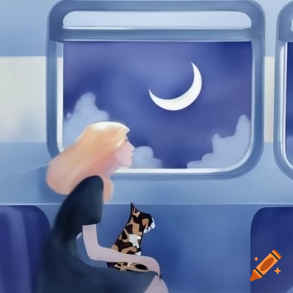 Watercolor illustration of woman in dark dress with calico cat on train gazing at crescent moon reflection in water