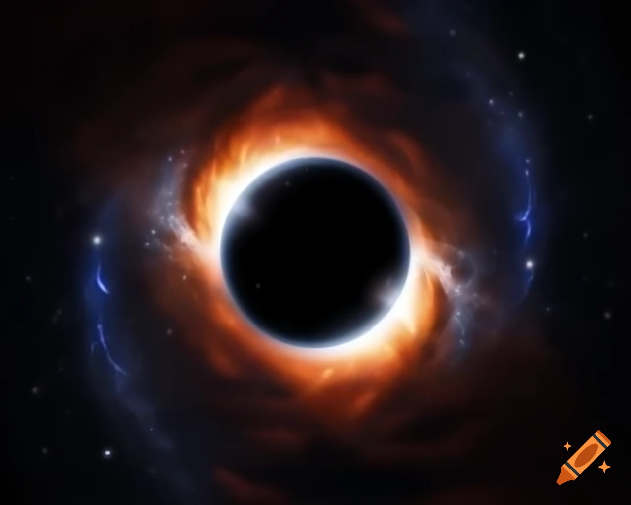 Realistic black hole in star-filled space with artistic anamorphic lens flare