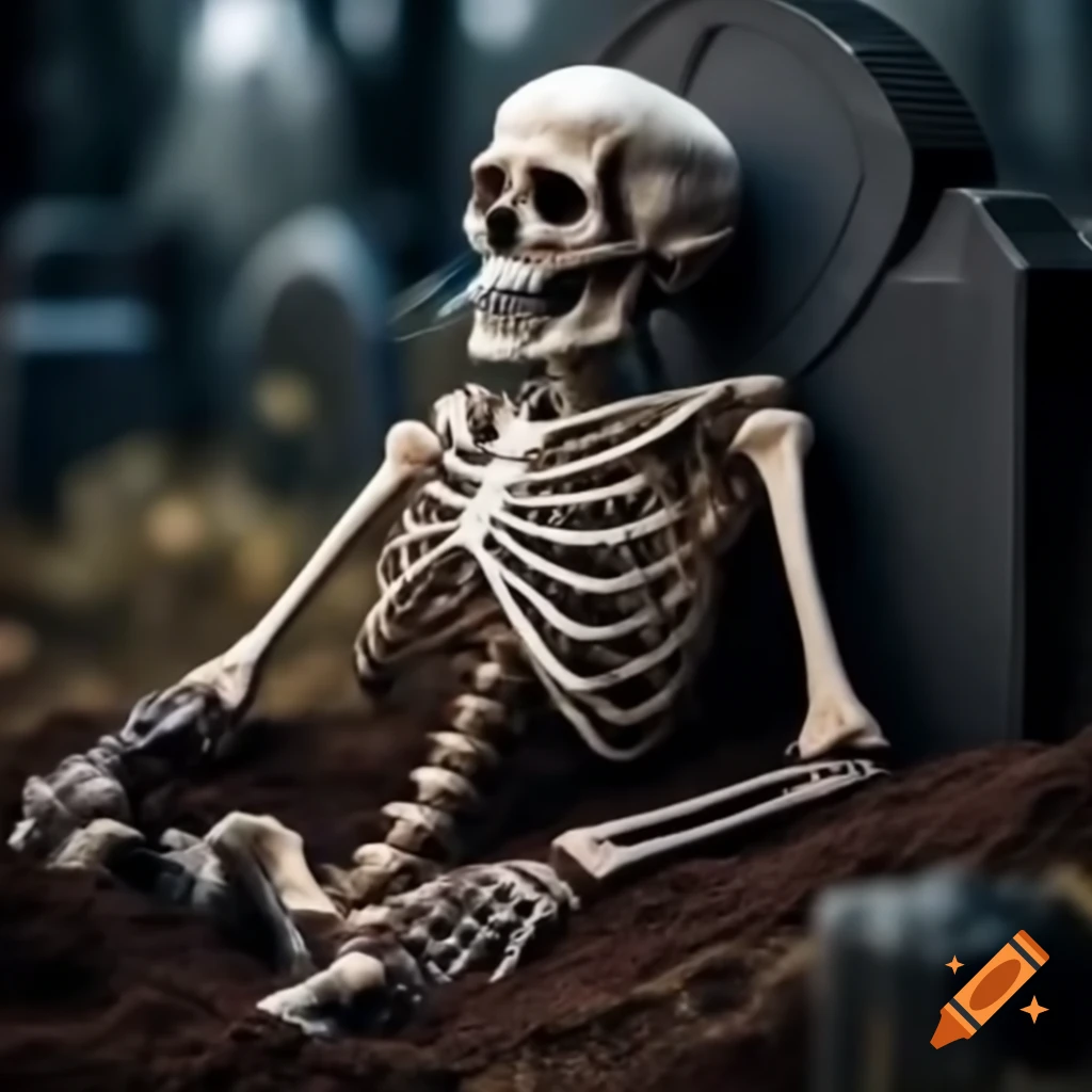 Skeleton viewing its own grave