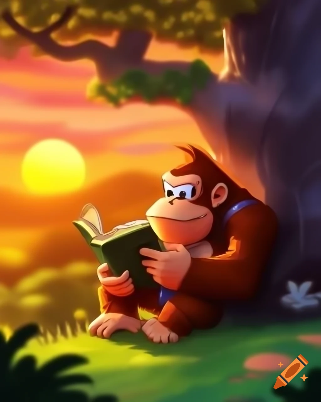 Donkey Kong reading a book under a tree at sunset, illustration style