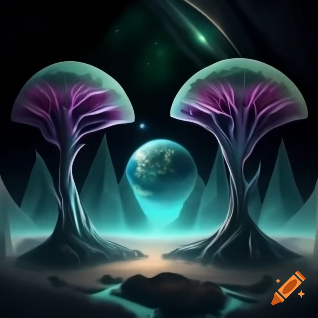 Alien landscape with Art Deco geometric garden on distant planet