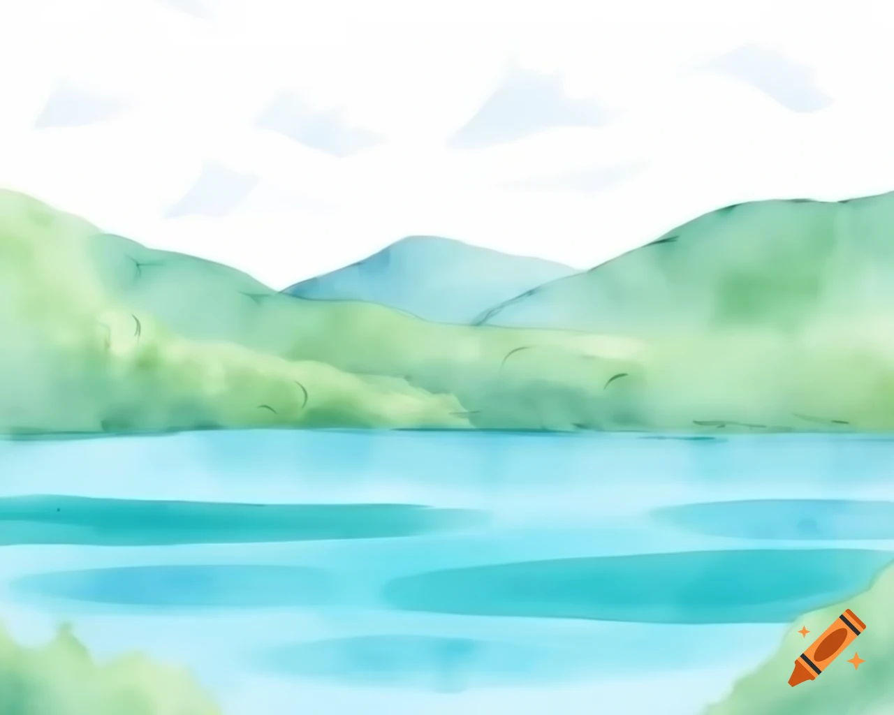 Sparkling summer lake in watercolor shades of blue and teal in storybook style