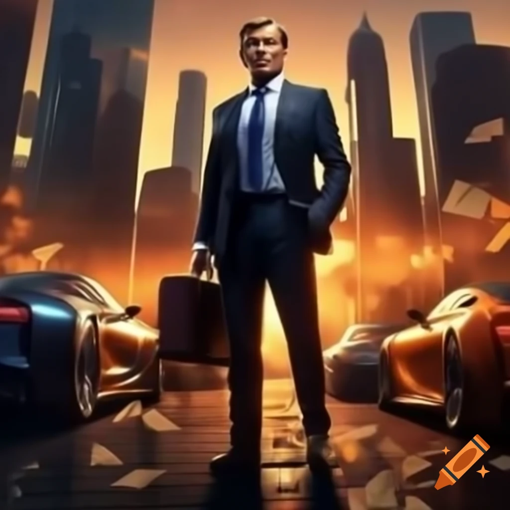 Confident businessman in suit with briefcase and skyline background
