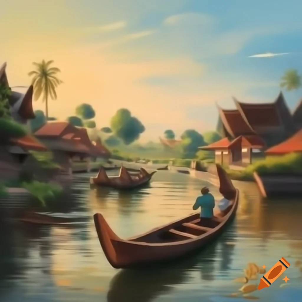 Classic painting of a Thai village with canoes