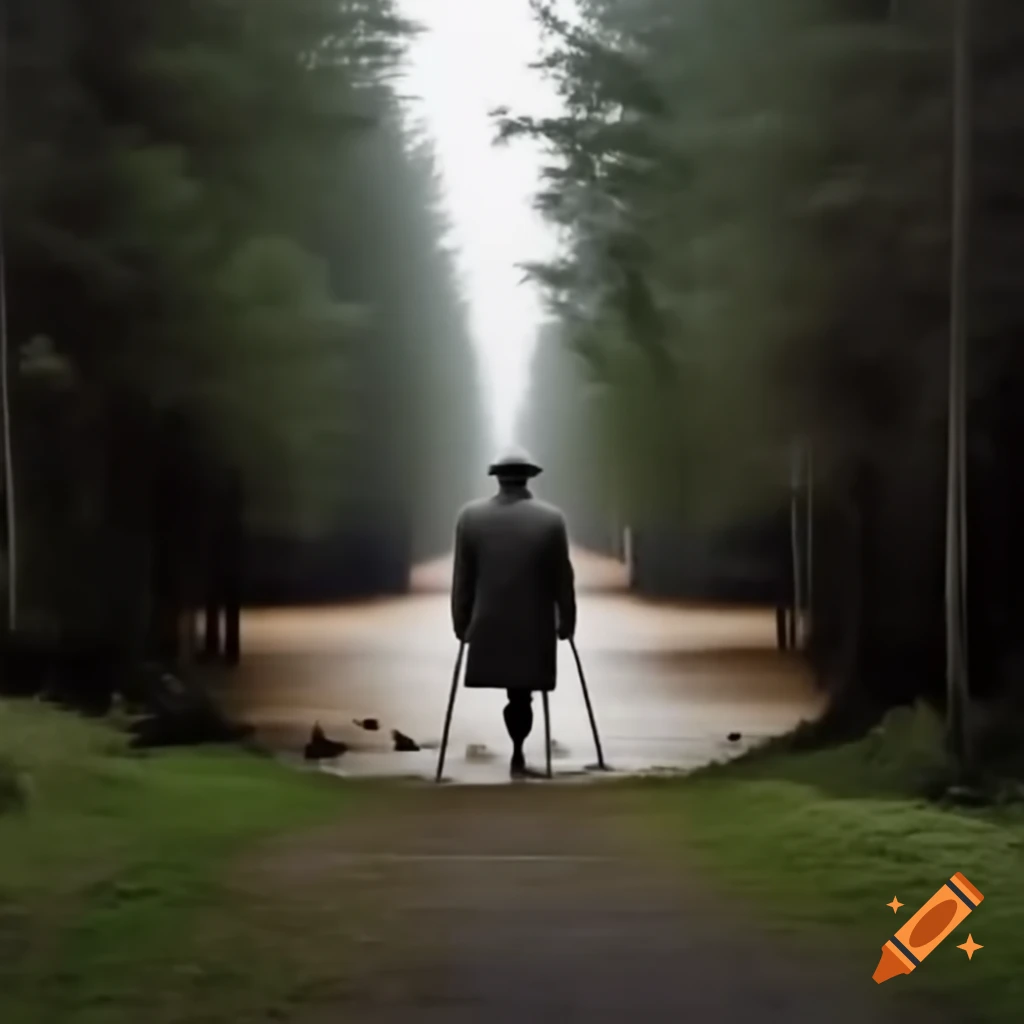 Middle-aged wanderer on crutches in forest path, viewed from back
