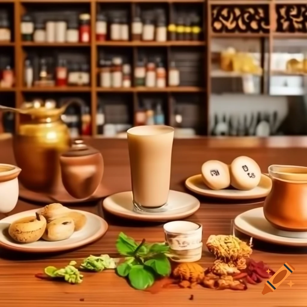Wooden counter featuring traditional Indian drinks like chai in clay cups and jaljeera in tall glasses