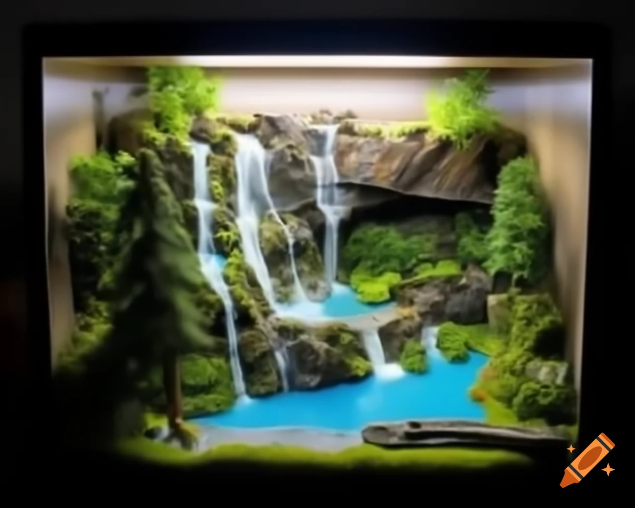 Miniature diorama featuring waterfall and lake in a box