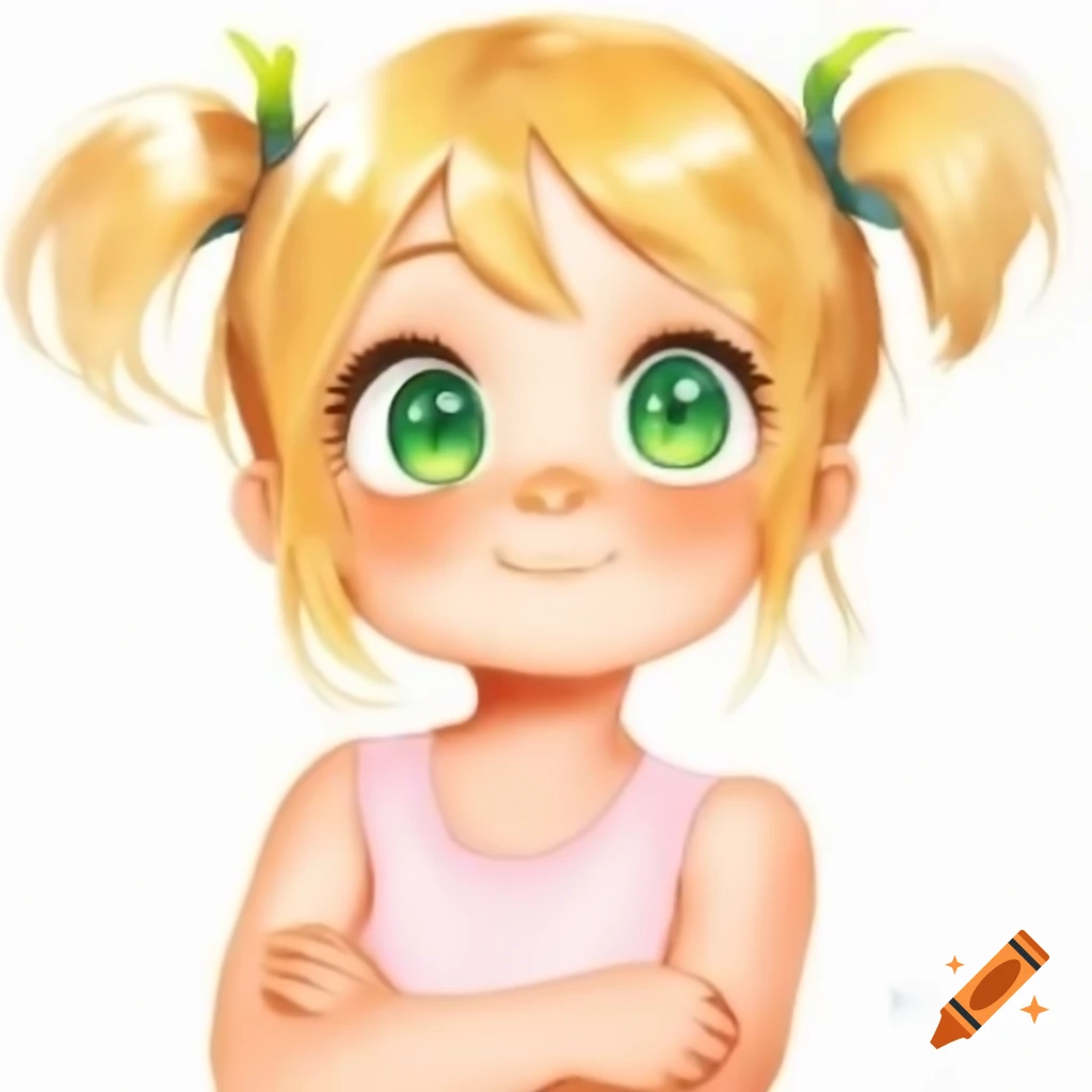 Anime girl with blonde hair and green eyes in light pink sleeveless t-shirt, arms crossed