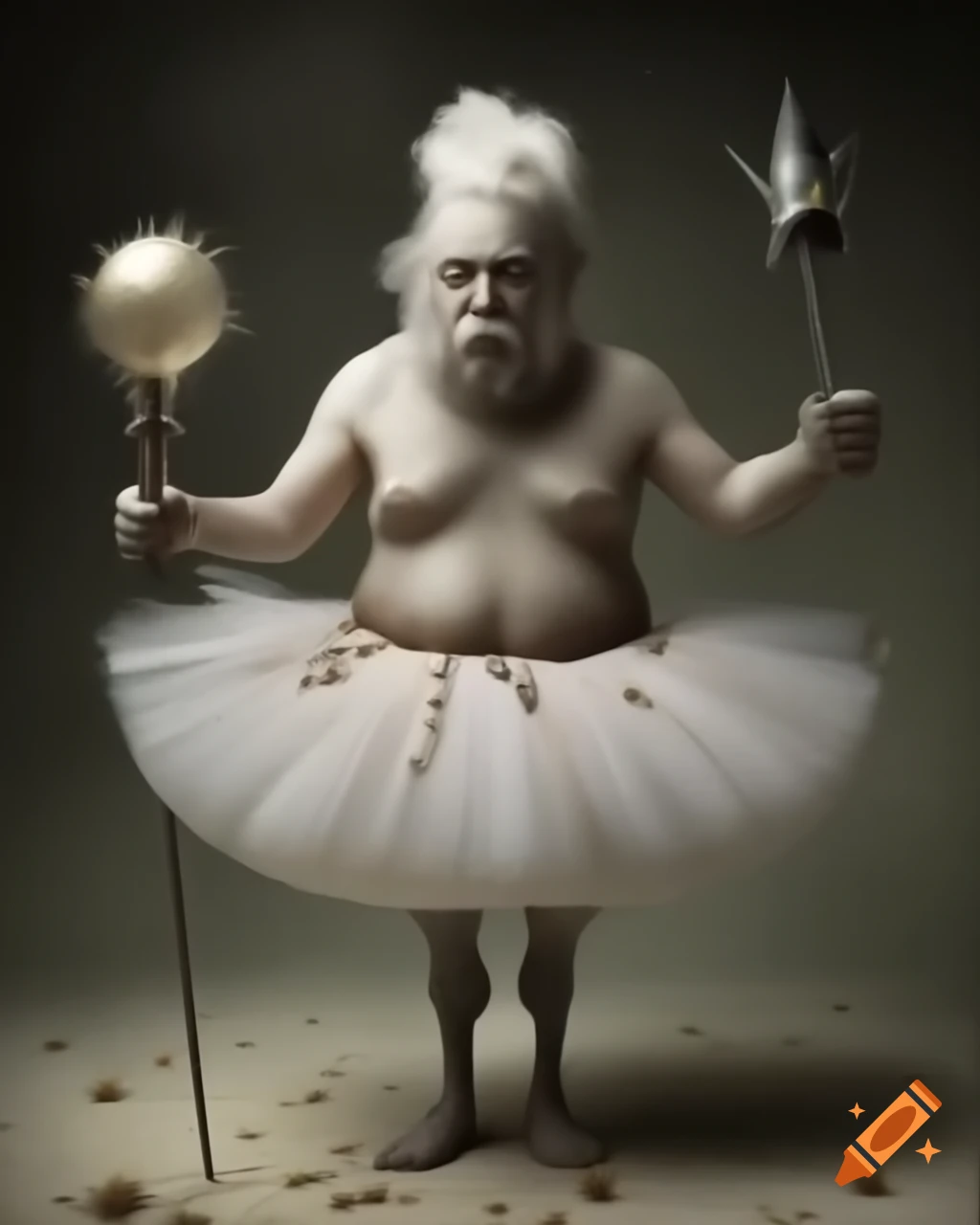 Elon Musk dressed humorously in a tutu riding a rocket, detailed and awkward