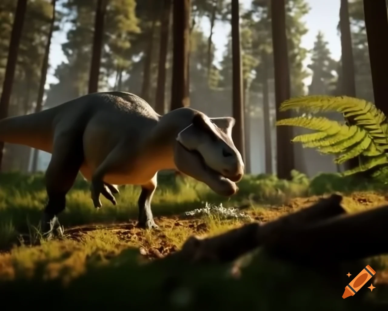 Allosaurus and Stegosaurus in cedar forest clearing with warm morning light
