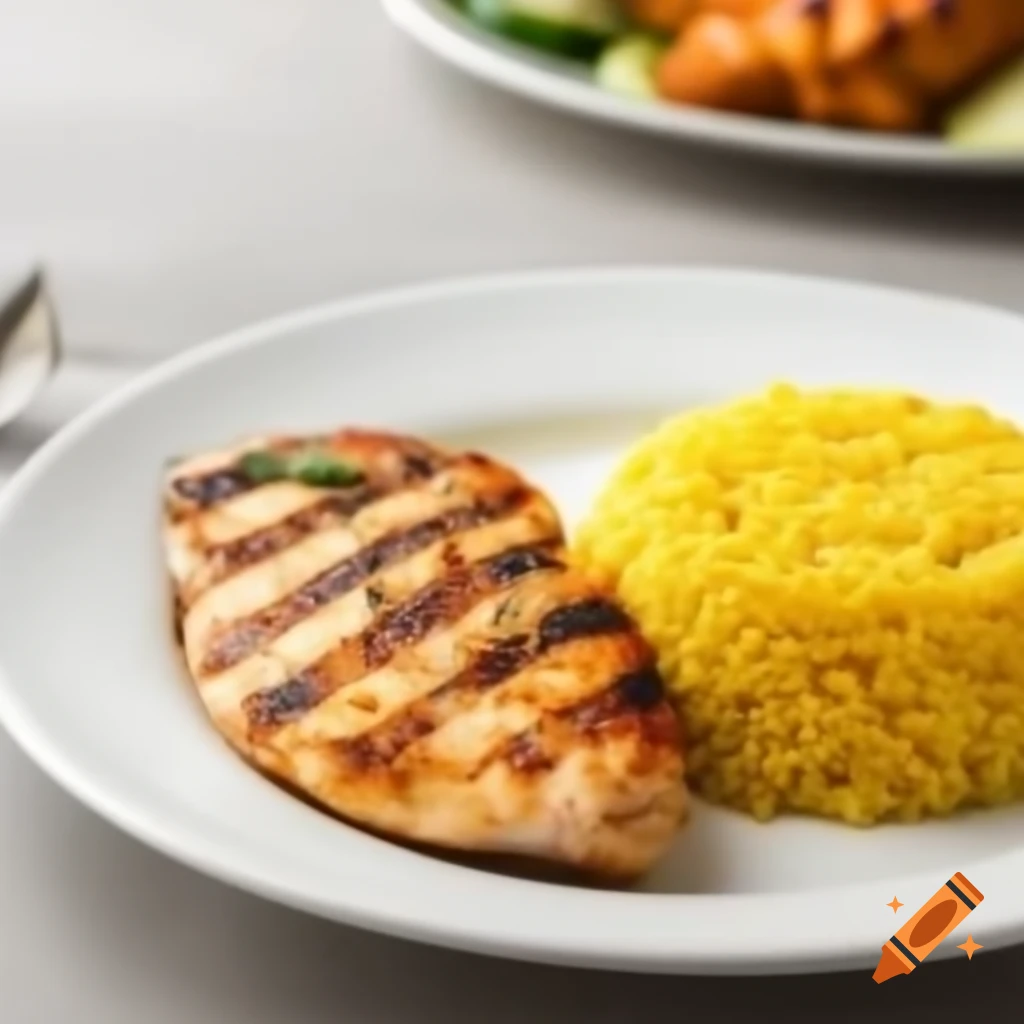 White plate with yellow rice and whole grilled chicken