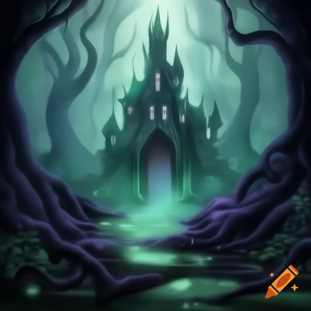 Gothic fairy tale scene with haunted castle in eerie enchanted forest