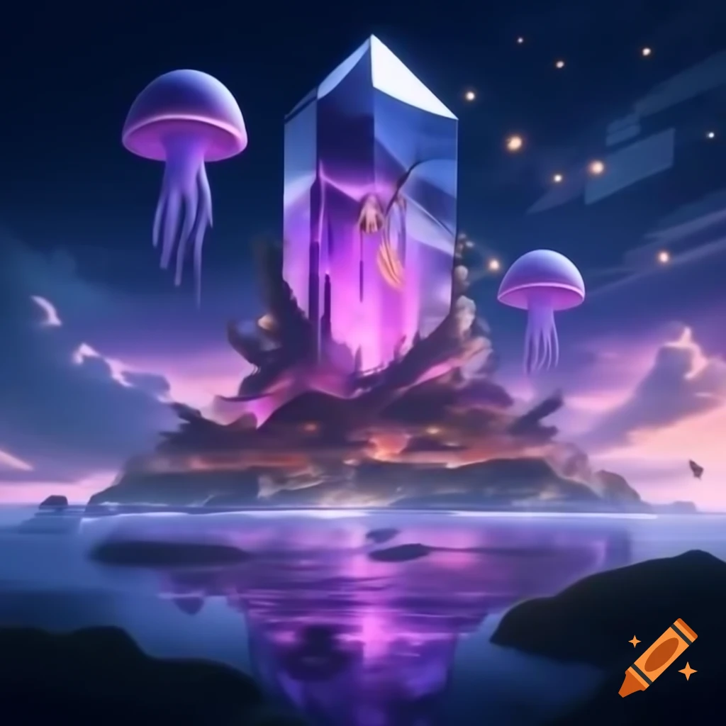 Floating city of crystal towers above purple ocean with glowing jellyfish and setting sun