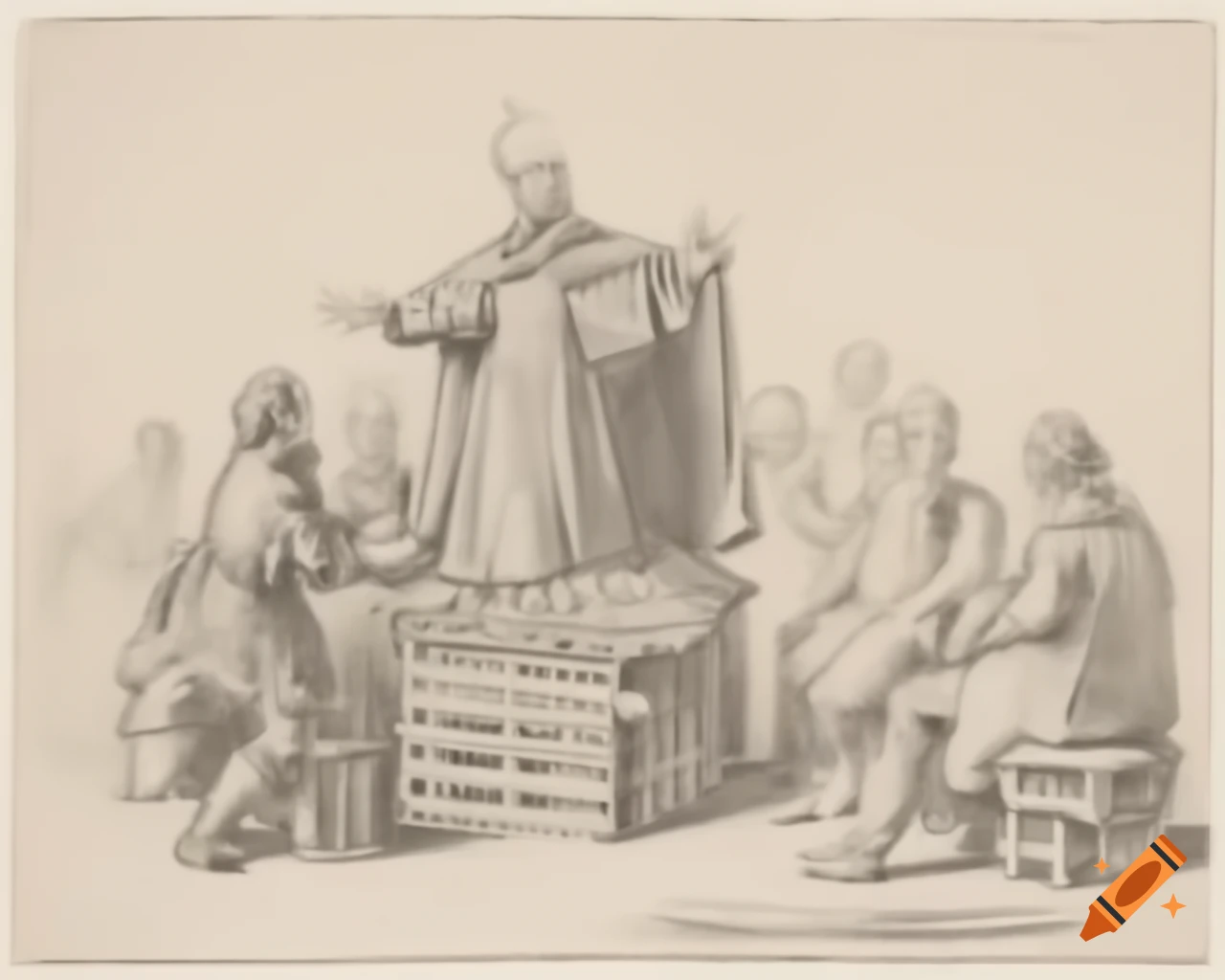Pen sketch of a mage on crate engaging an audience with gestures
