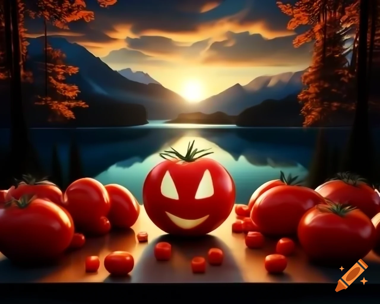 Close-up of human face made of tomatoes, surrounded by tomatoes in hyperrealistic style