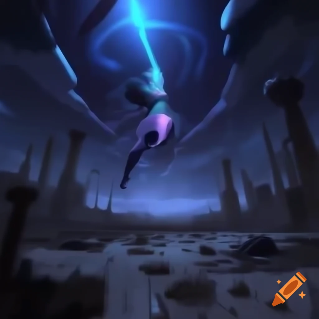 Surreal scene with alien goddess vampire angel amidst battle wreckage