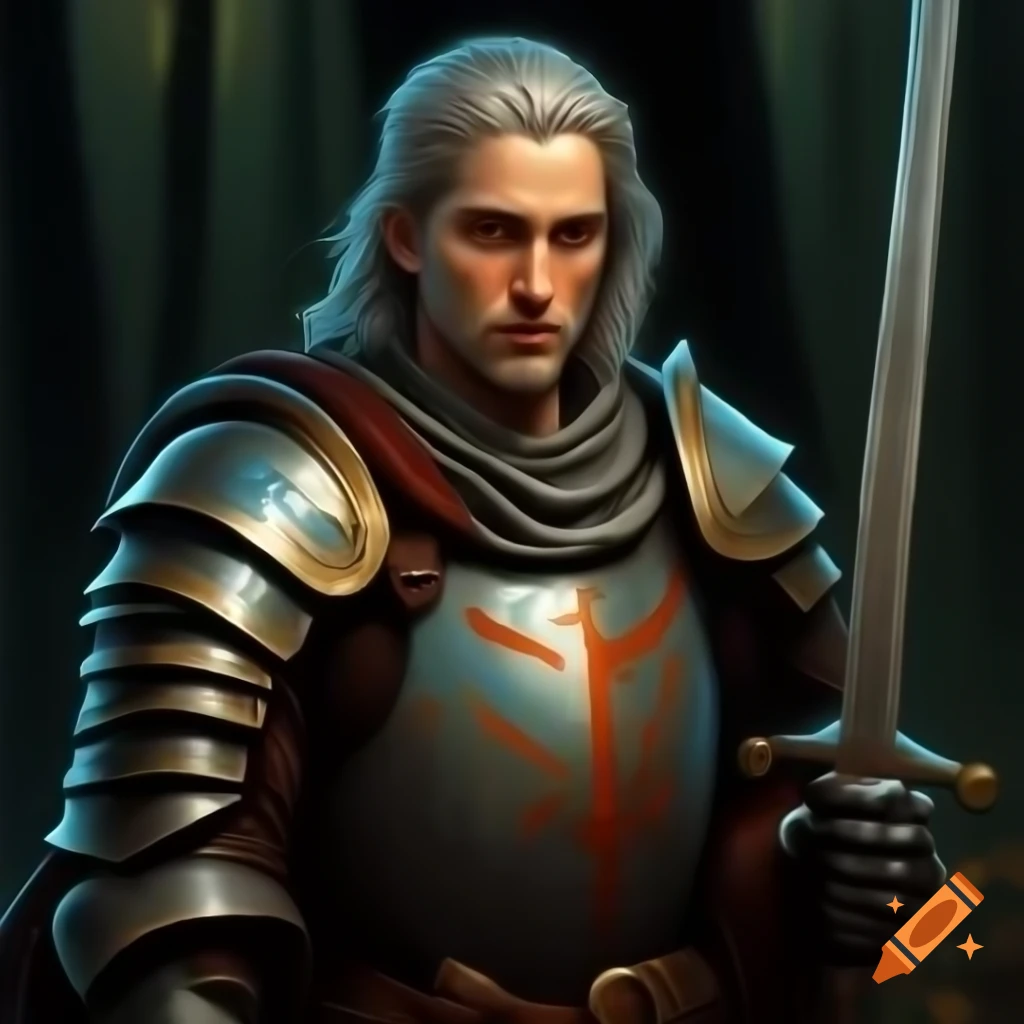 Realistic portrait of medieval knight in shining armor in dark forest