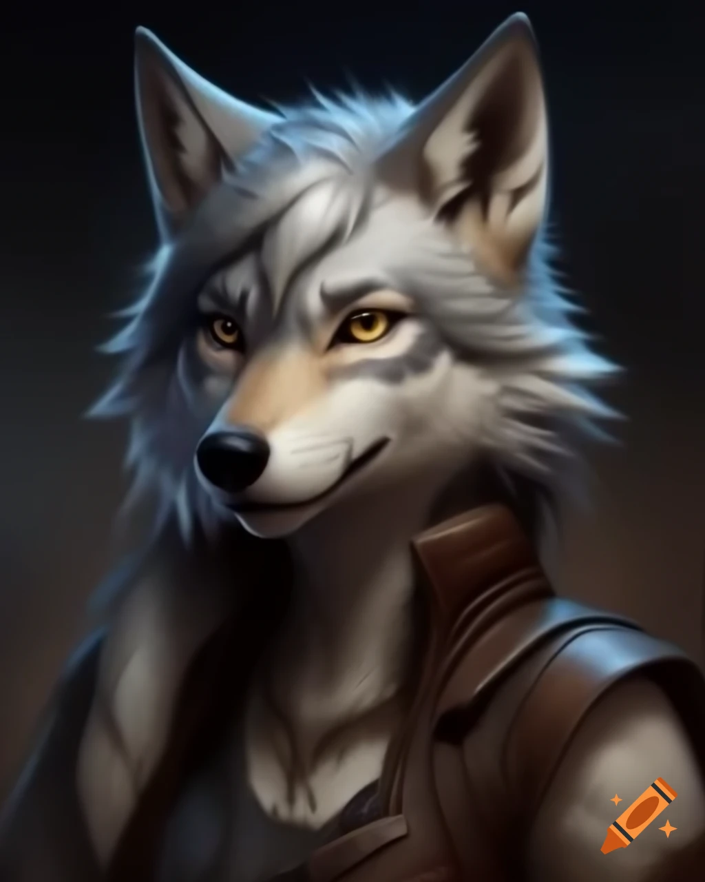 Stylized portrait of female anthro wolf with silver fur and braided hair