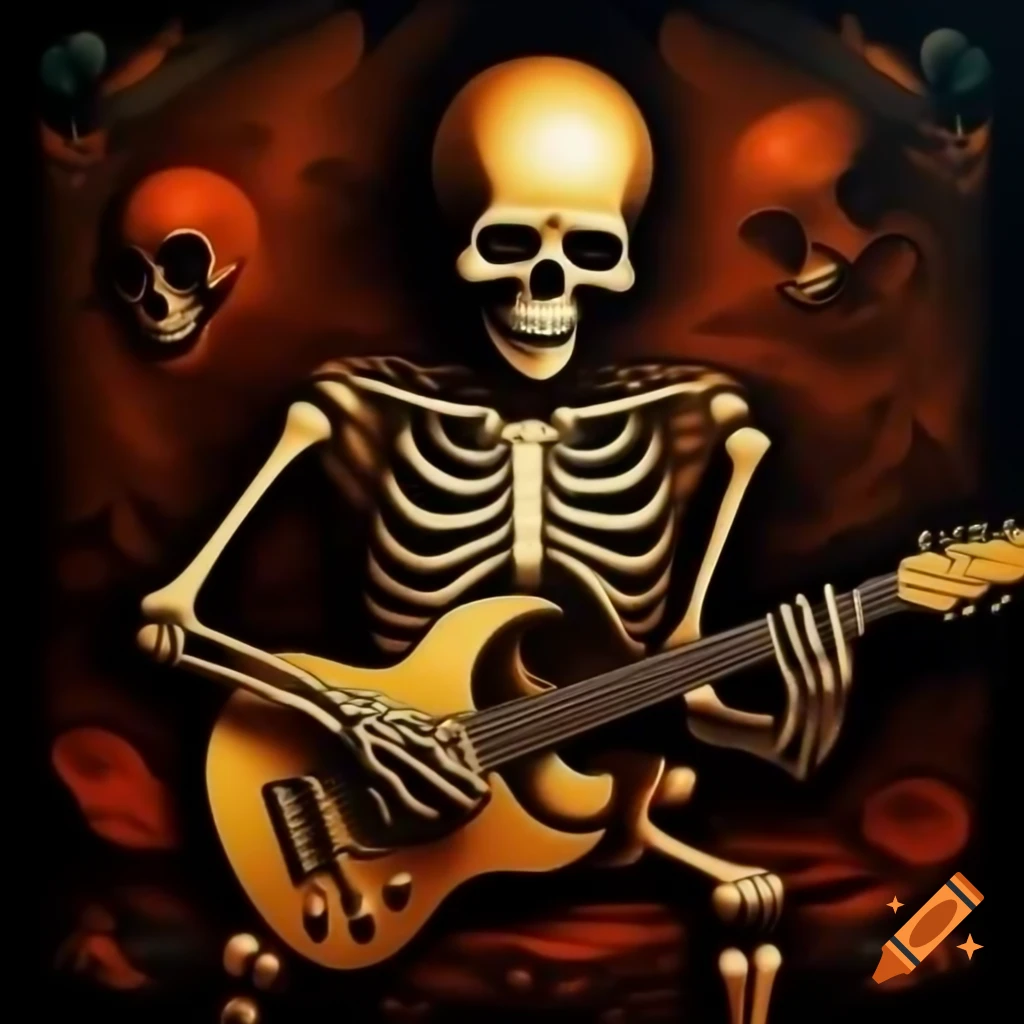 Skeleton playing guitar on heavy metal album cover
