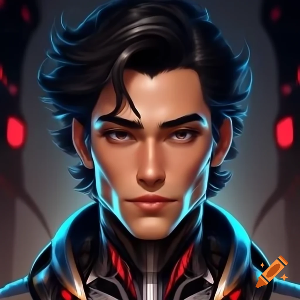 Charming male cyborg with metallic skin and confident expression