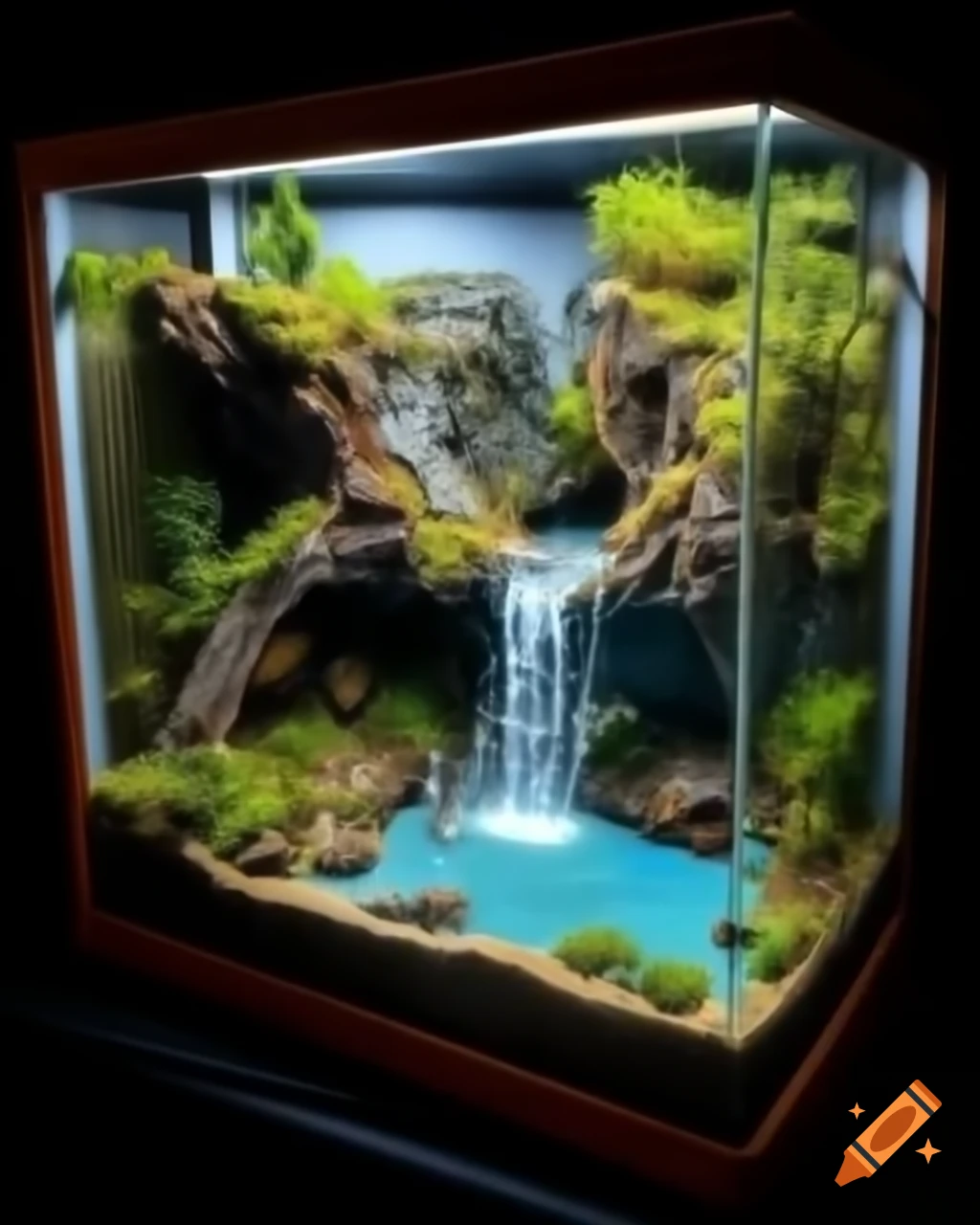 Miniature diorama depicting a waterfall and lake in a box