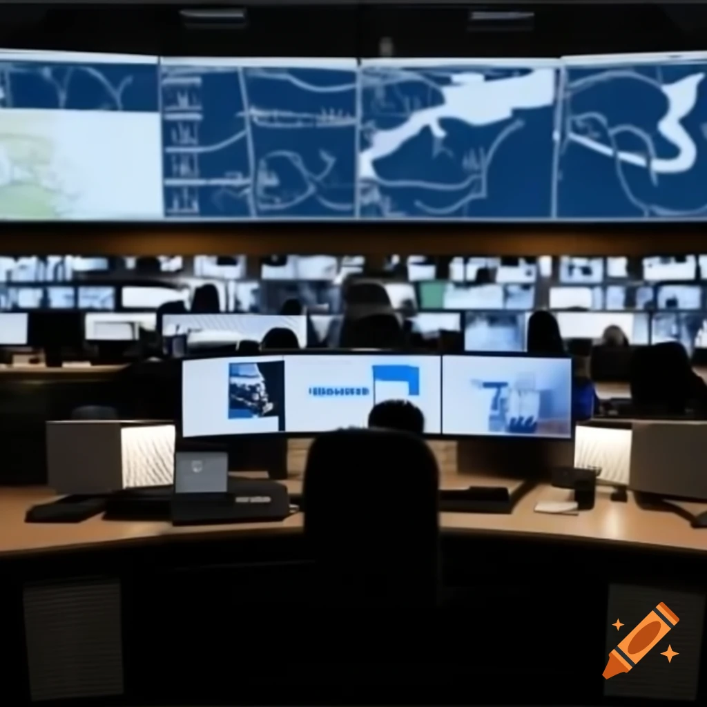 Call center overview with screens displaying New Zealand map and statistics