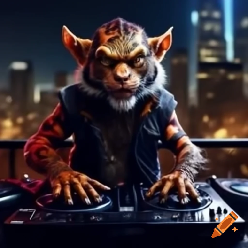 Black and red tiger goblin DJ performing at urban rooftop party